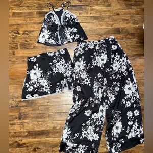Black floral set - tank top, skirt, pants
